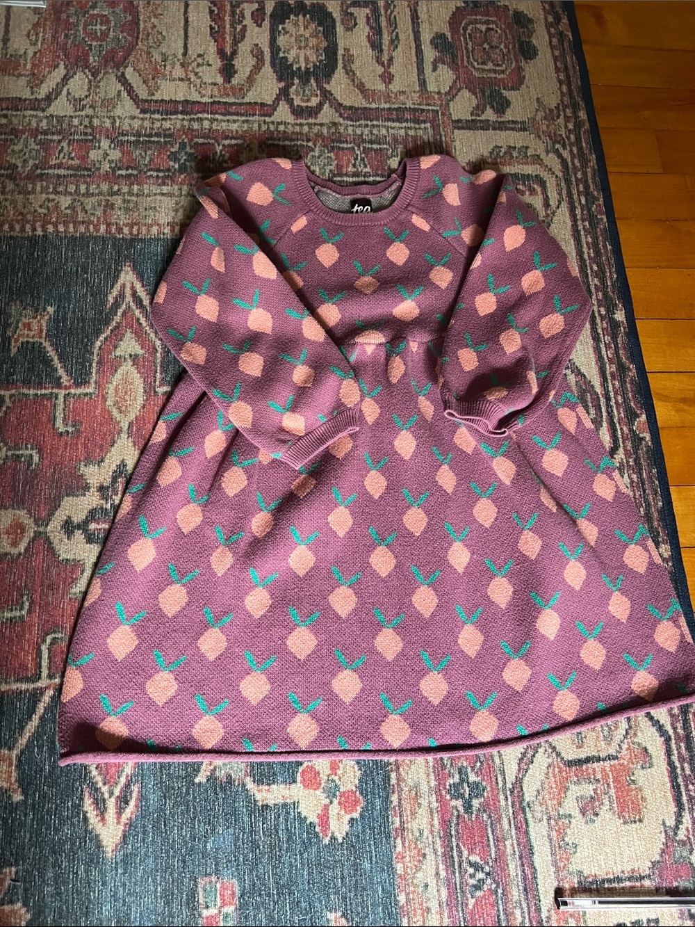 Tea Collection Purple Knit Dress with Pink Strawberry Motif